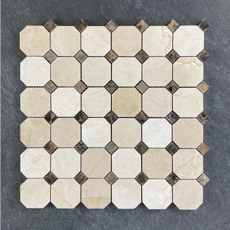Crema Marfil Marble Octagonal with Dark Emperador Dots Mosaic TIle 4