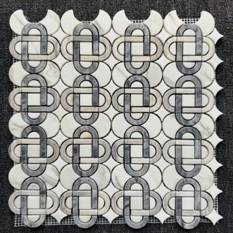 SC SNQ250901 Oriental White Marble Ring with Bardiglio Grey Waterjet Mosaic Tile 1